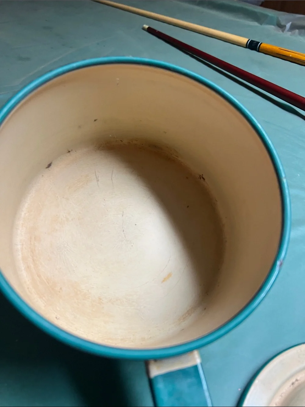 Retro Cream and Teal Enamel Saucepan with Lid